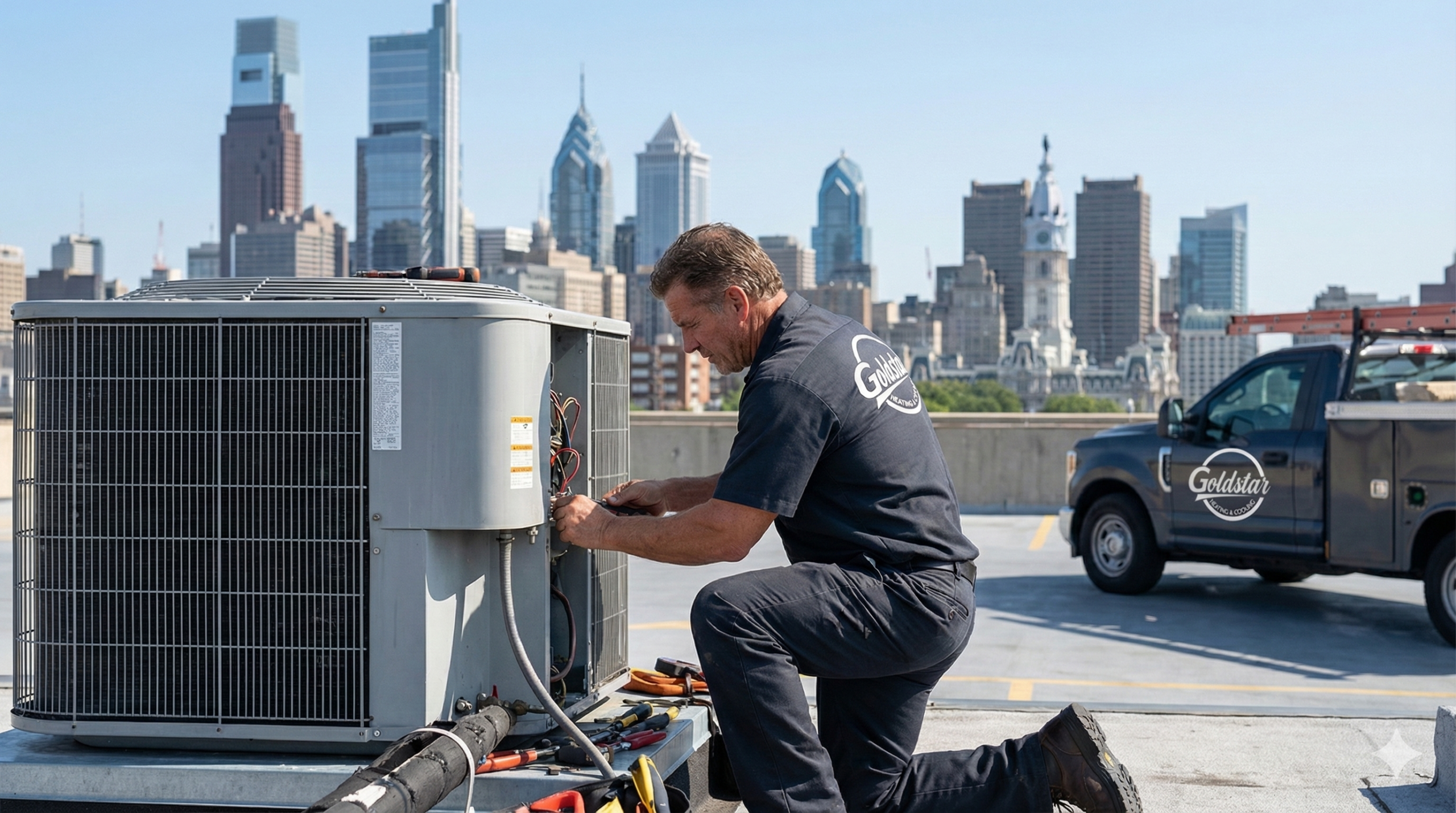 Technician working on commercial rooftop unit